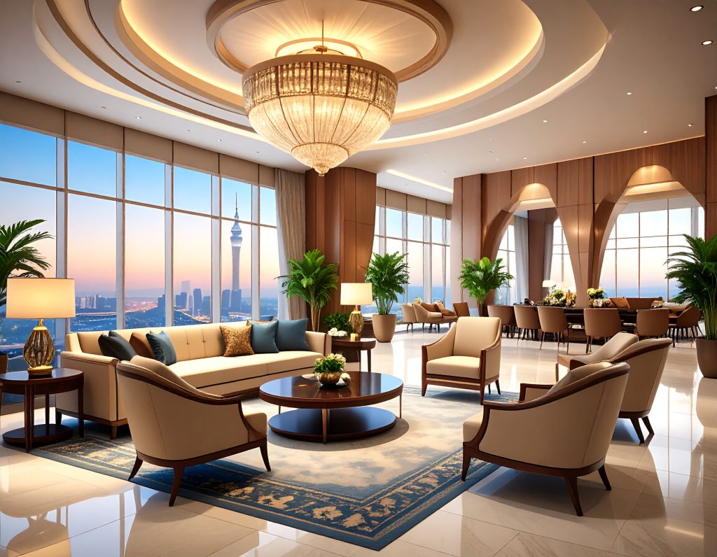 Interior of a luxury airport lounge at Dubai International Airport (DXB)