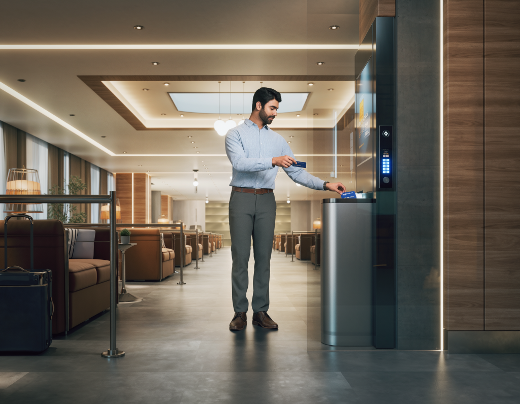 Passenger using Credit Card to access airport lounge, illustrating how premium cards enhance layover comfort.