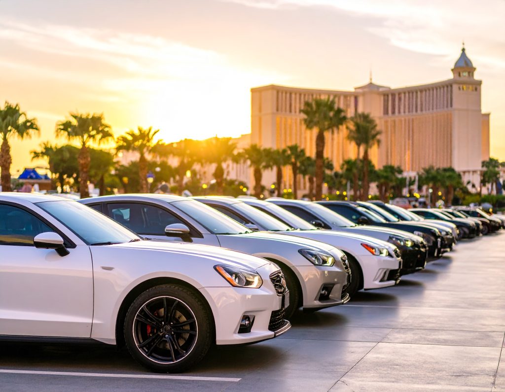 Luxury cars parked at sunset in front of Wynn Las Vegas, highlighting the elegance of the 2025 Concours event in October