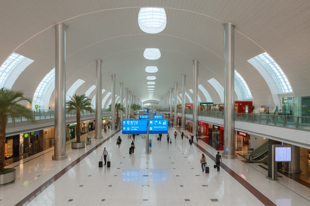 Wide-angle interior view of Dubai International Airport Terminal 3, featuring modern architecture, tall palm trees, polished floors, and travellers walking past duty-free shops and directional signs.