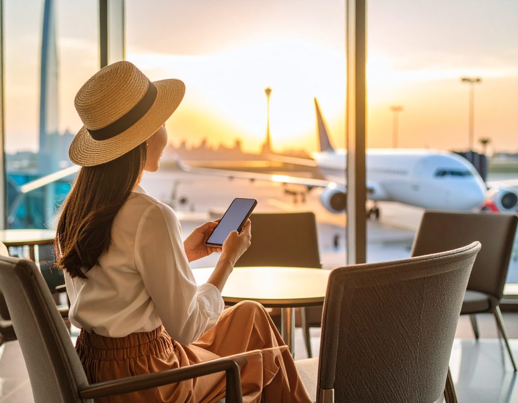 Business class Emirates traveler relaxing at Dubai International Airport lounge during a layover in 2025