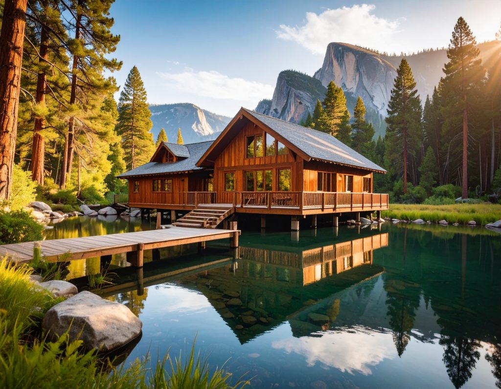 Aerial view of a luxury lodge nestled in a forest near Yosemite National Park, California – ideal for upscale travelers in 2025.