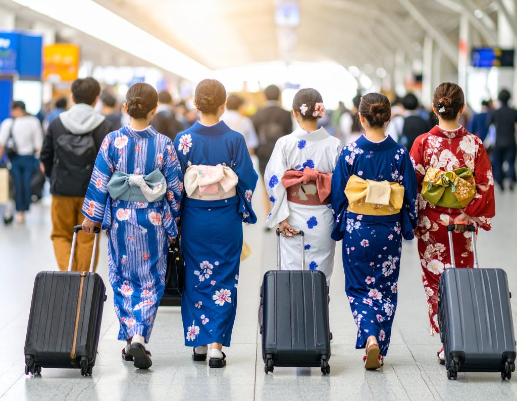 Women in traditional Japanese kimono walking through airport with suitcases in Japan 2025