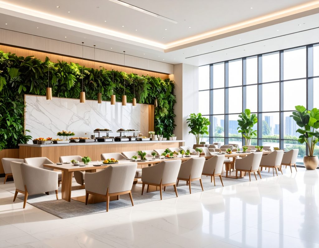 Spacious seating and buffet inside Plaza Premium Lounge at an international airport, 2025