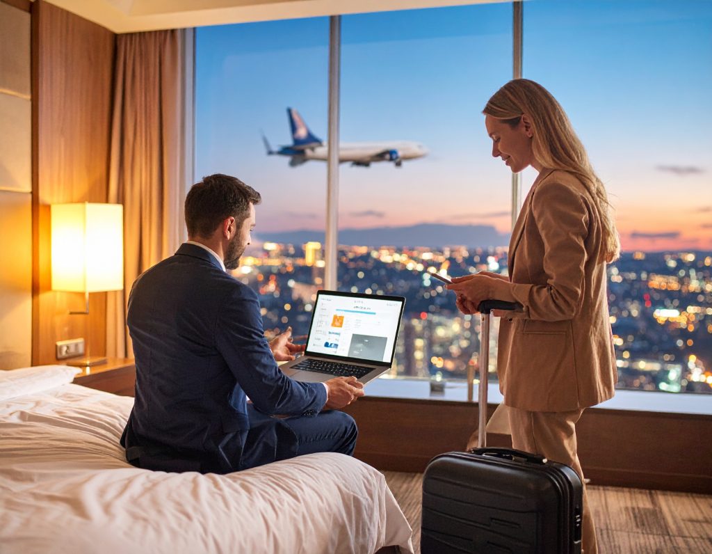 Travel couple booking hotel online with Trip.com for up to 65% off – limited-time offer