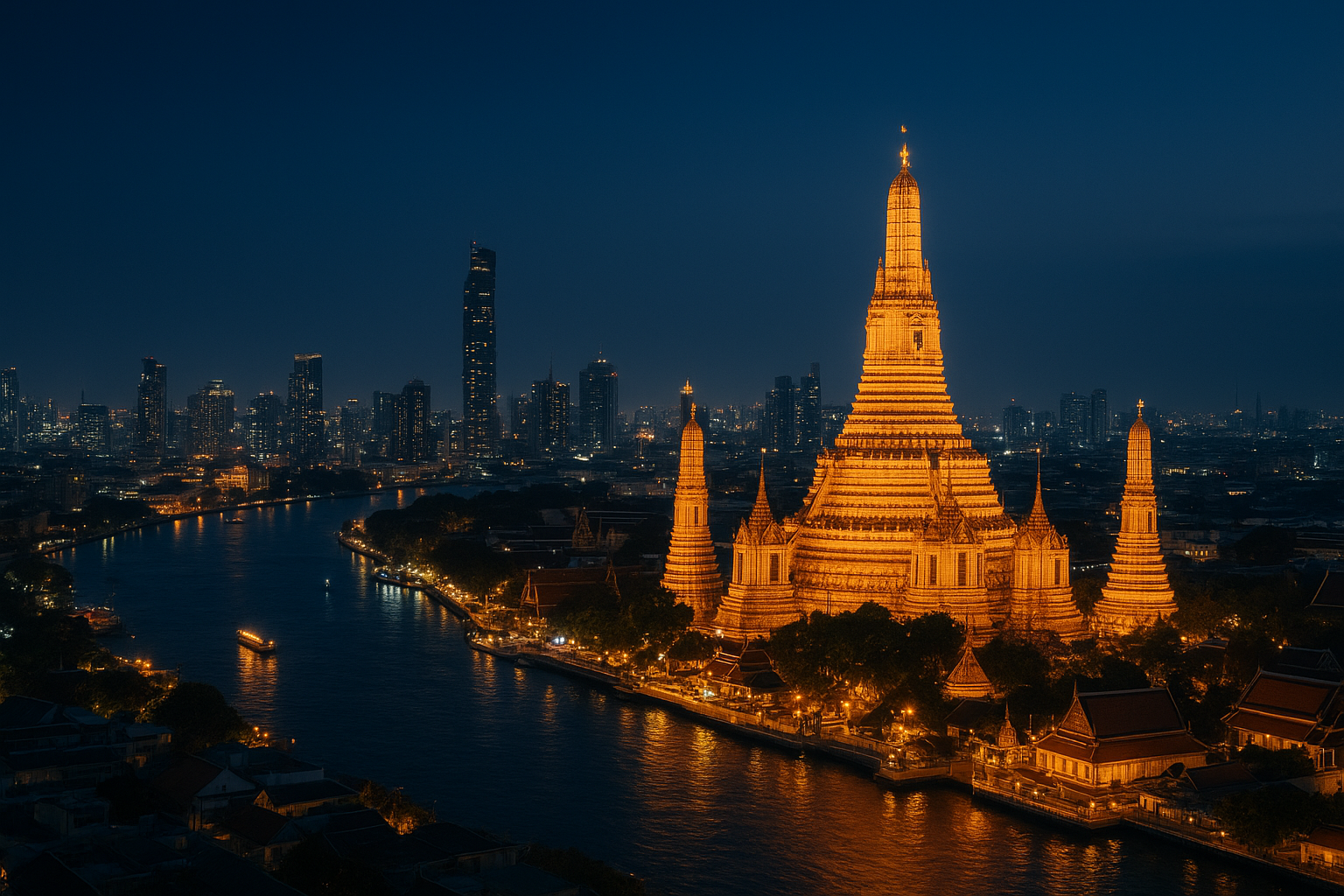 Aerial view of Bangkok city skyline with temples and Chao Phraya River – perfect for a long layover in 2025.