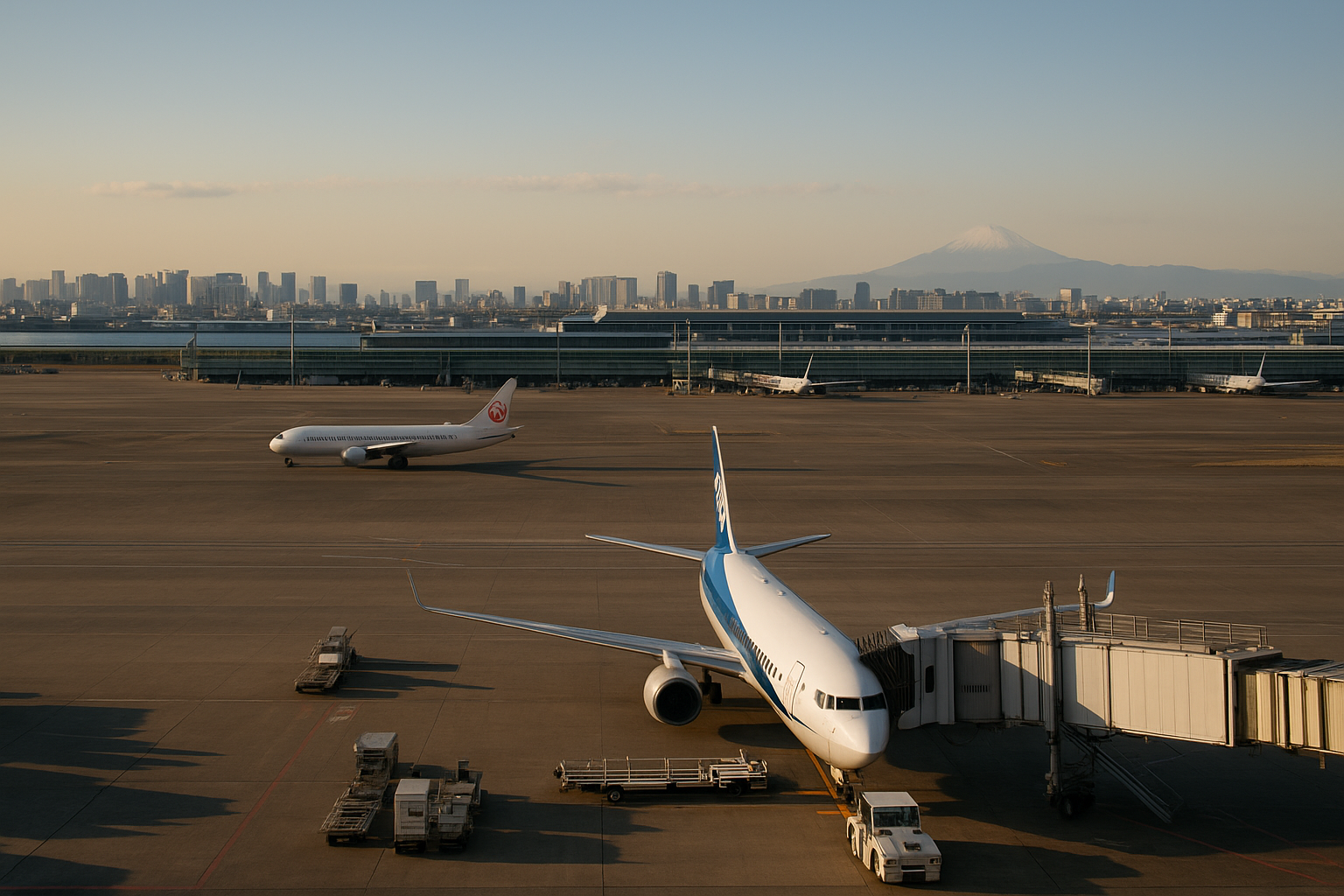 A panoramic view of Tokyo Haneda Airport with modern terminal architecture and aircraft on the runway.