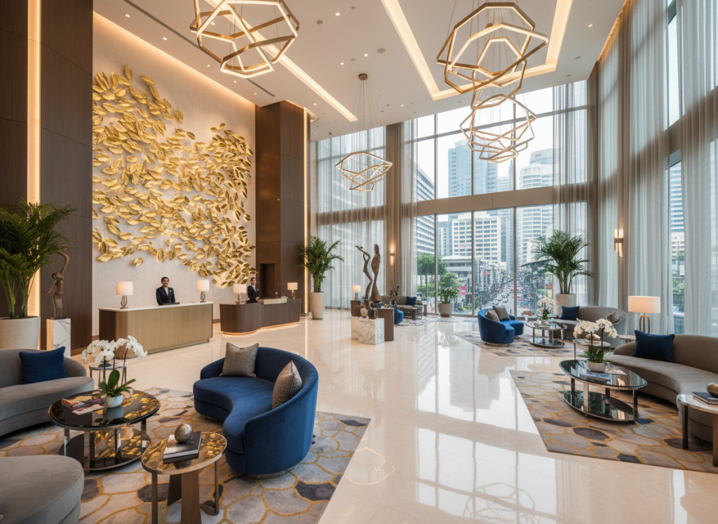 JW Marriott Bangkok lobby interior modern luxury decor.