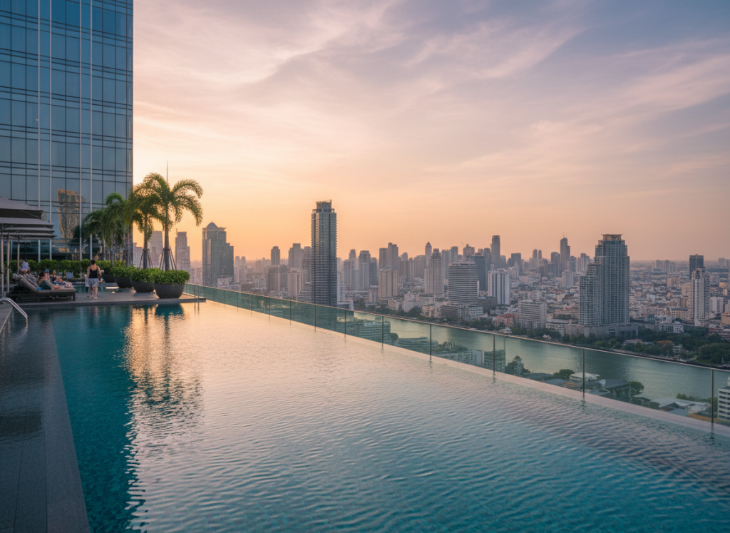 Rooftop swimming pool at JW Marriott Bangkok overlooking Bangkok skyline.