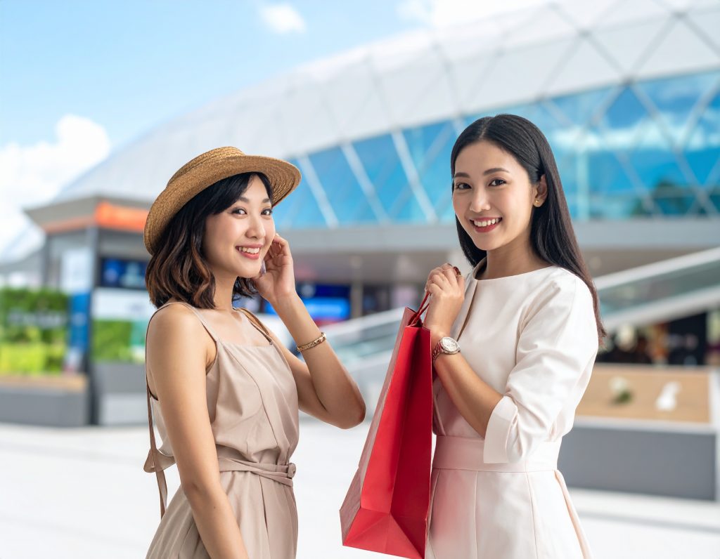 Travelers shopping at Singapore Changi Airport with Jewel dome and luxury boutiques