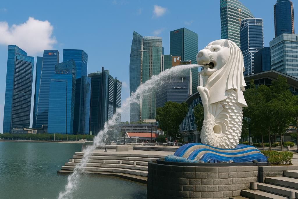Singapore’s iconic Merlion statue overlooking Marina Bay with city skyline in the background.