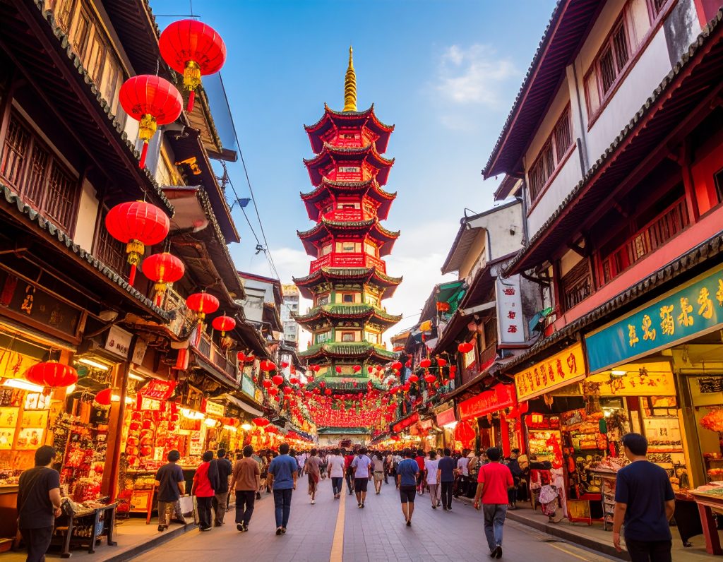 Colorful shophouses along Pagoda Street in Singapore’s Chinatown with temple in the background.