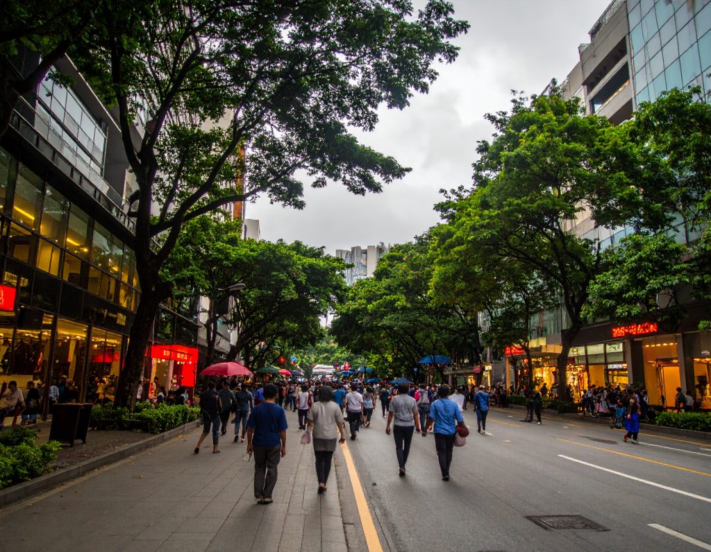 Orchard Road in Singapore lit up with festive lights, famous for shopping and entertainment.