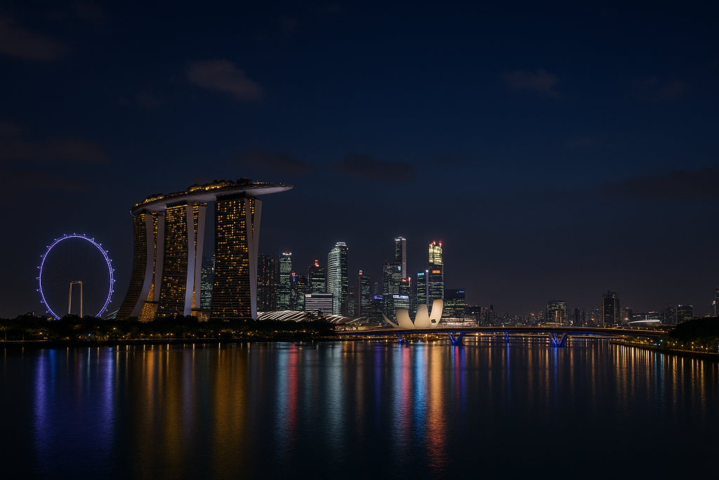 Singapore Marina Bay skyline at night with Gardens by the Bay Supertrees illuminated, perfect for layover travellers in 2025.