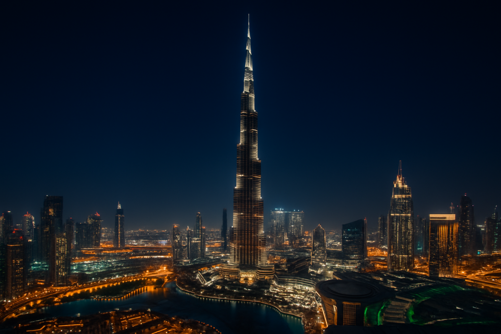 Stunning night view of Dubai skyline with Burj Khalifa during festival season.