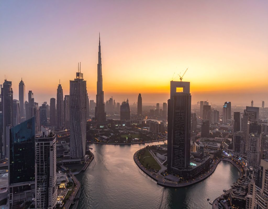 Stunning night view of Dubai skyline with Burj Khalifa during festival season