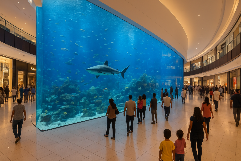 Interior of Dubai Mall with aquarium tunnel and visitors exploring during stopover.