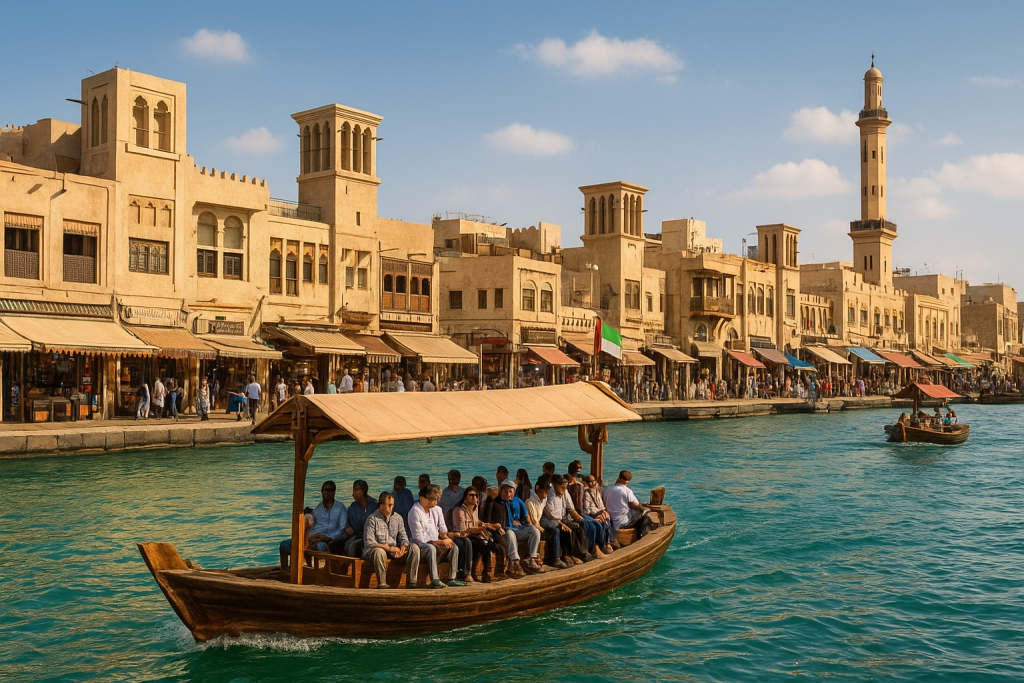 Traditional abra boat crossing Dubai Creek near Al Fahidi Historical District.