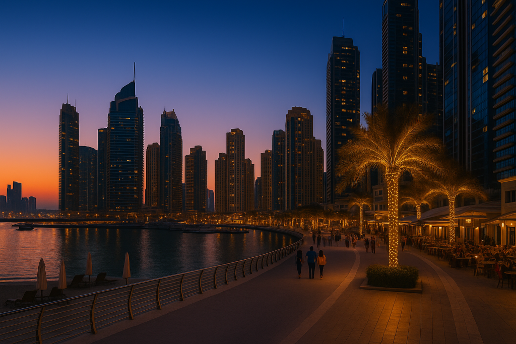 Dubai Marina promenade with JBR beachfront and skyscrapers at night.