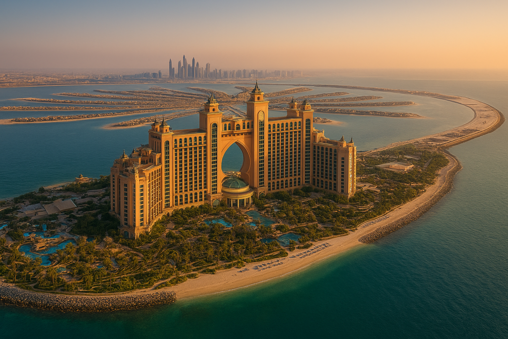 Aerial view of Palm Jumeirah with Atlantis hotel, a popular layover attraction.