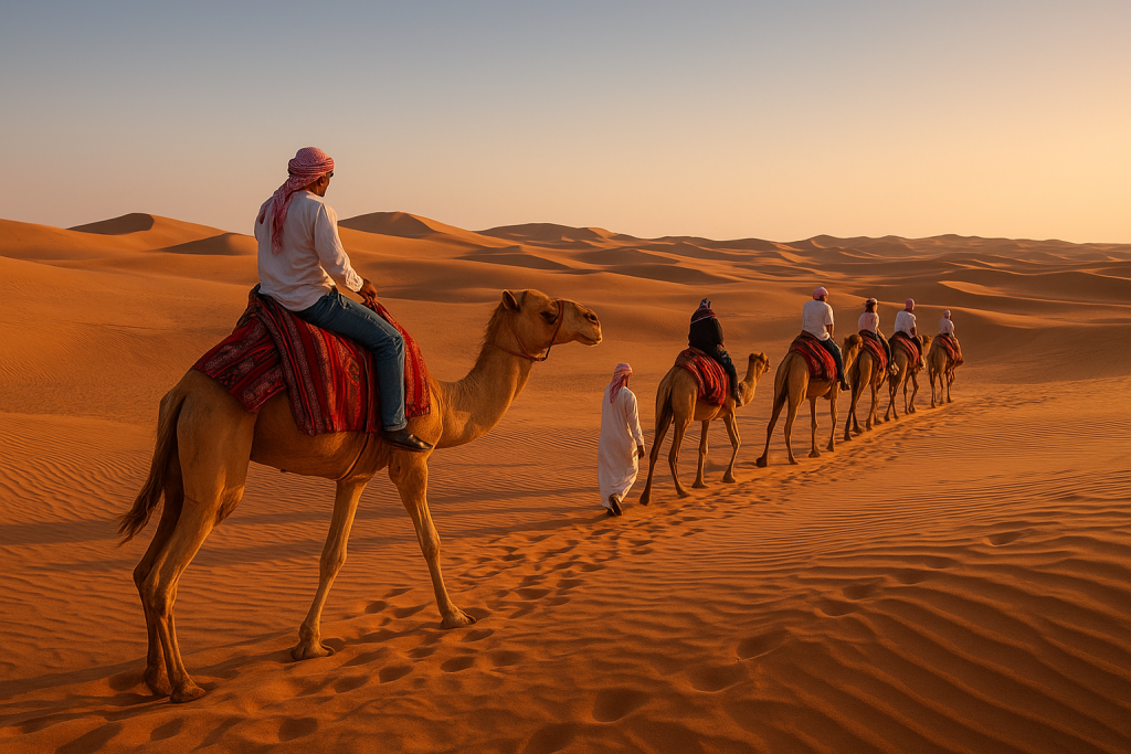 Travelers enjoying camel ride and dune bashing on a Dubai desert safari.