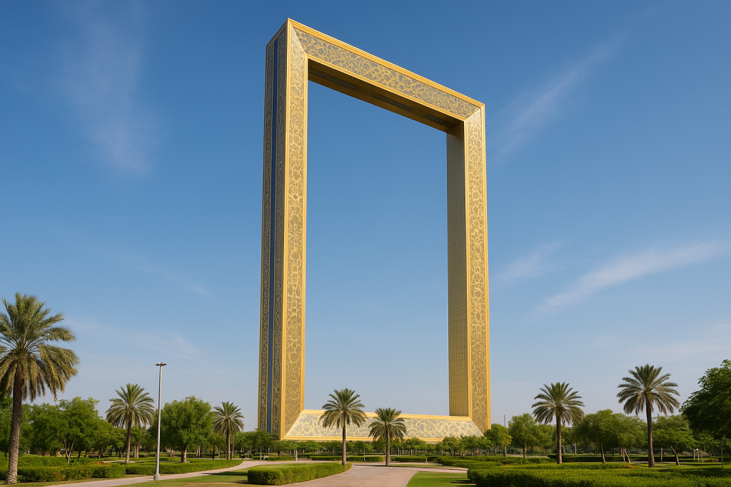 Dubai Frame golden structure with skyline views of Old and New Dubai.