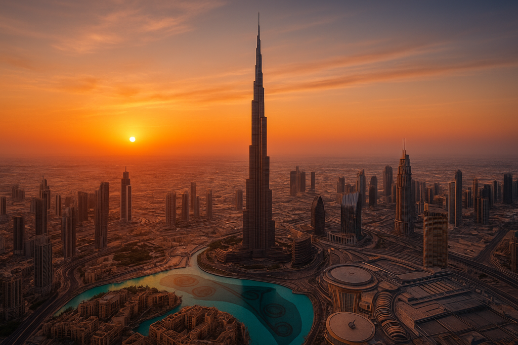 Dubai skyline at sunset featuring the Burj Khalifa, perfect for travellers on a long layover in 2025.