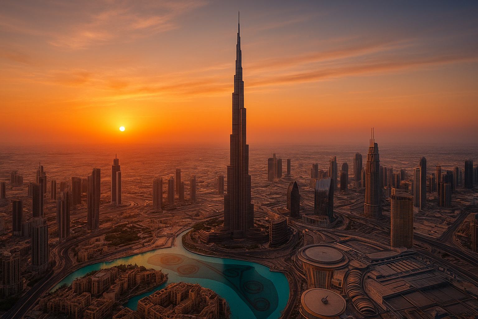 Dubai skyline at sunset featuring the Burj Khalifa, perfect for travellers on a long layover in 2025.
