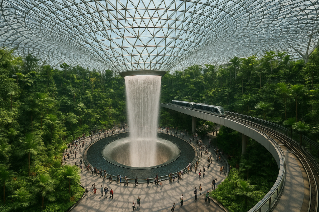 Jewel Changi Airport indoor waterfall surrounded by lush greenery, a must-see for Singapore layover travellers.