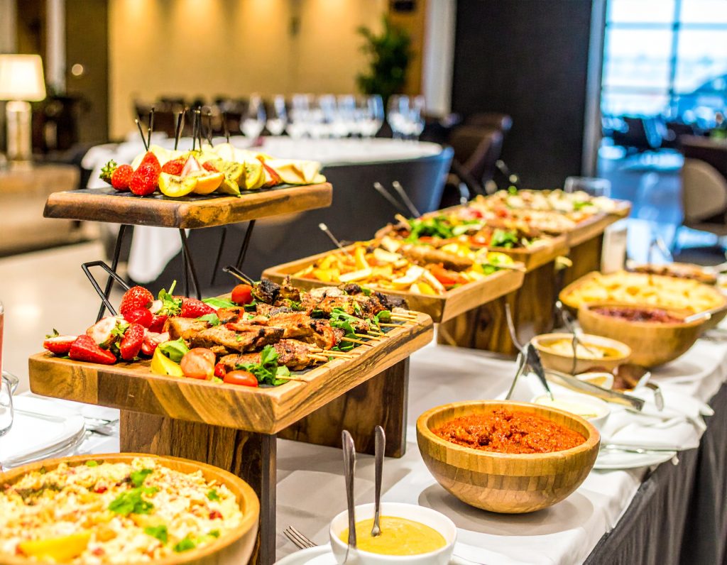 Buffet dining selection at Korean Air Prestige Lounge East Incheon Airport.