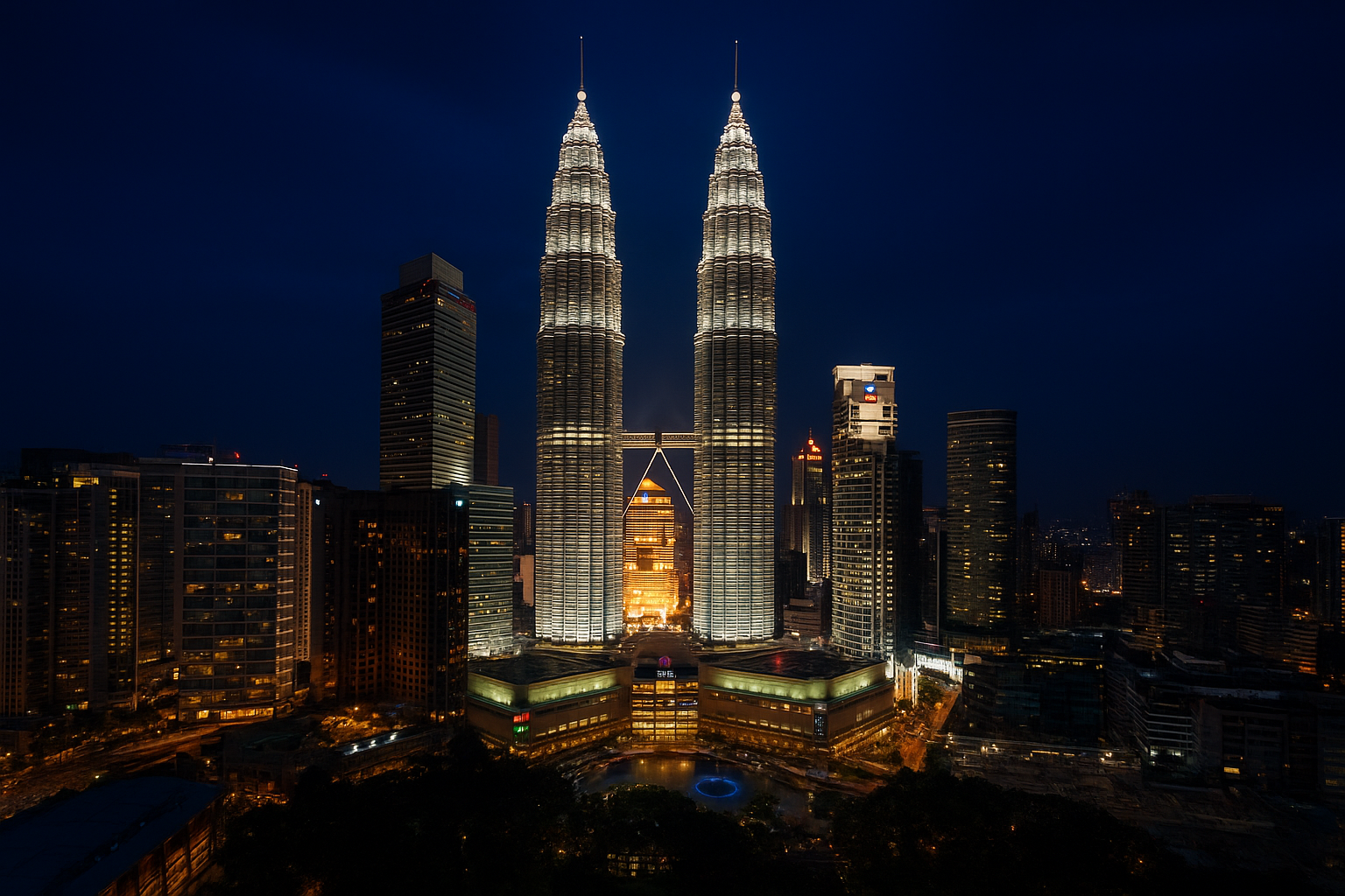 Kuala Lumpur skyline with Petronas Twin Towers illuminated at night – 2025 layover travel guide.
