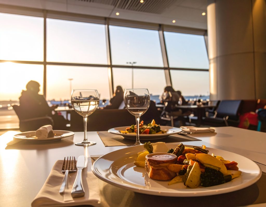 Dining experience at Singapore Changi Airport with travellers enjoying meals.