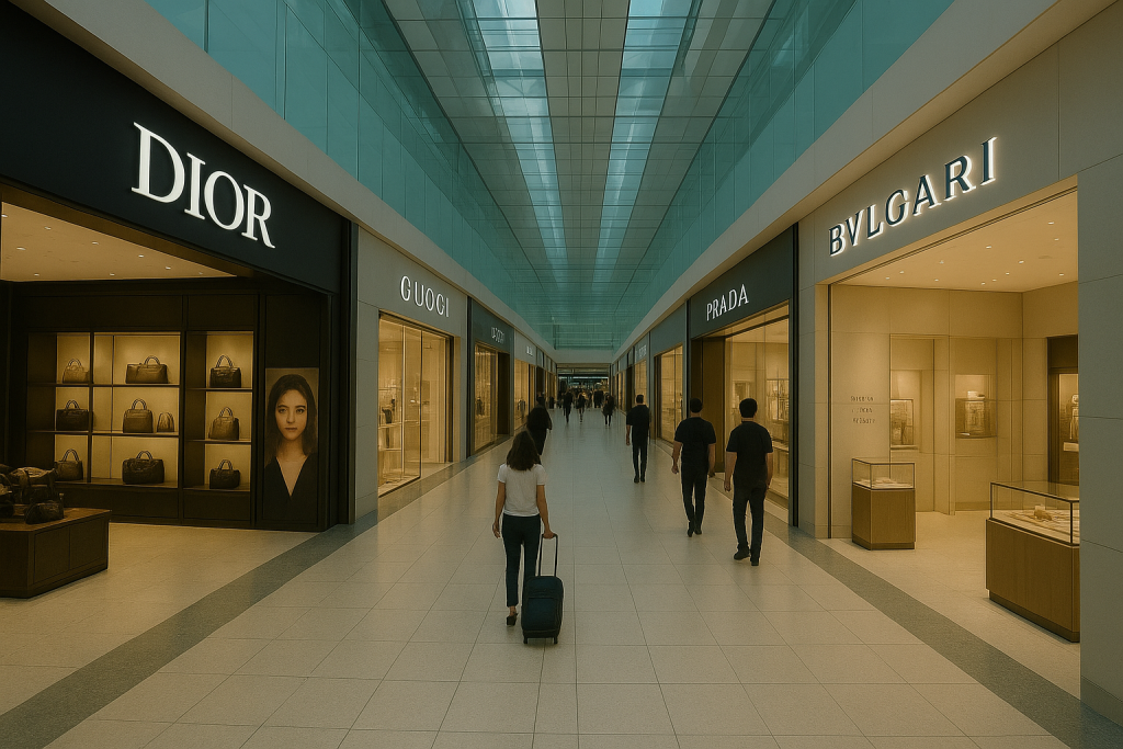 Luxury shopping and retail stores at Singapore Changi Airport.