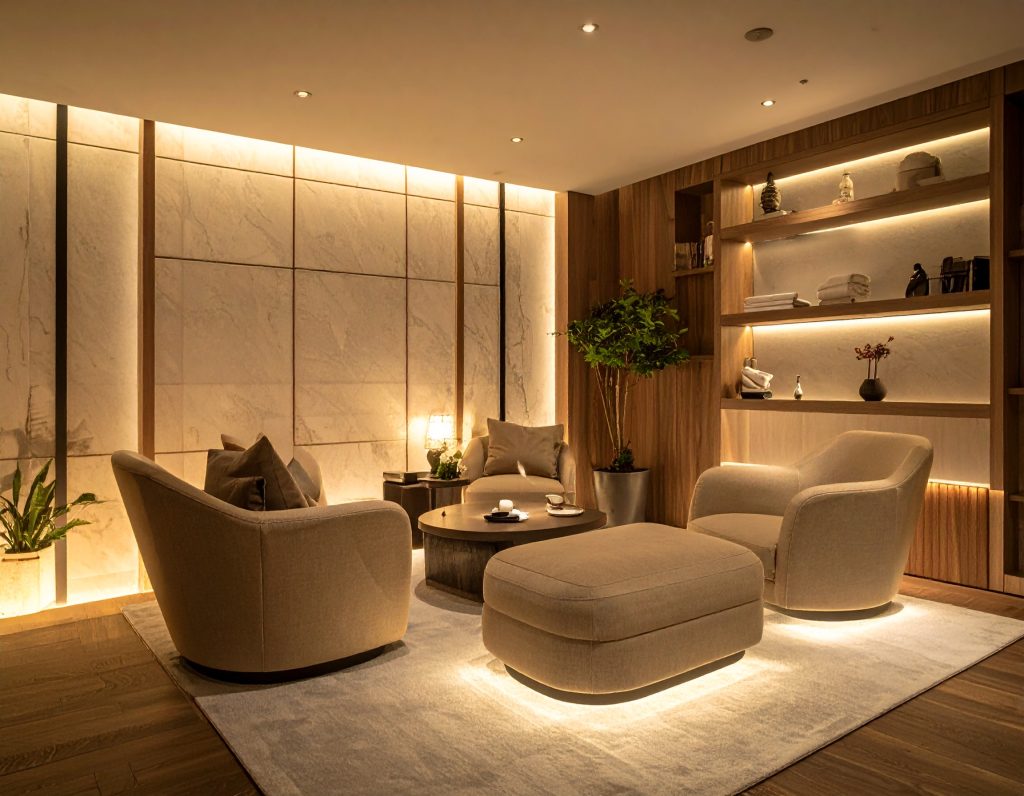 Qatar Airways Al Mourjan Lounge interior with dining and seating areas.