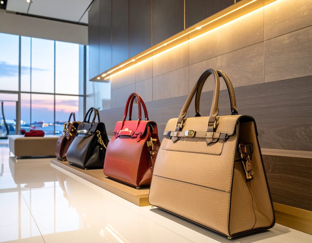 Louis Vuitton airport boutique with travellers browsing luxury handbags.