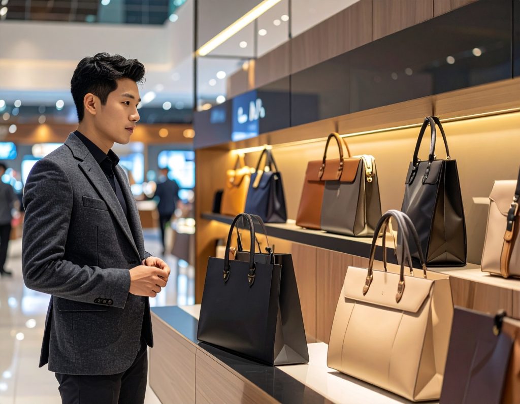 Traveller examining Louis Vuitton handbag at Changi Airport.