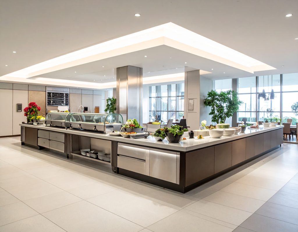 Turkish Airlines CIP Lounge interior showing buffet and seating areas.