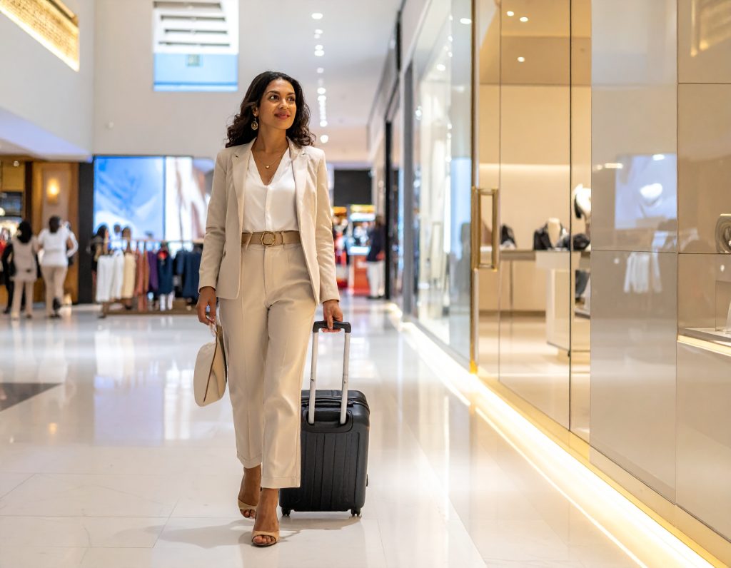 Business traveller shopping at Bvlgari duty-free store at airport.