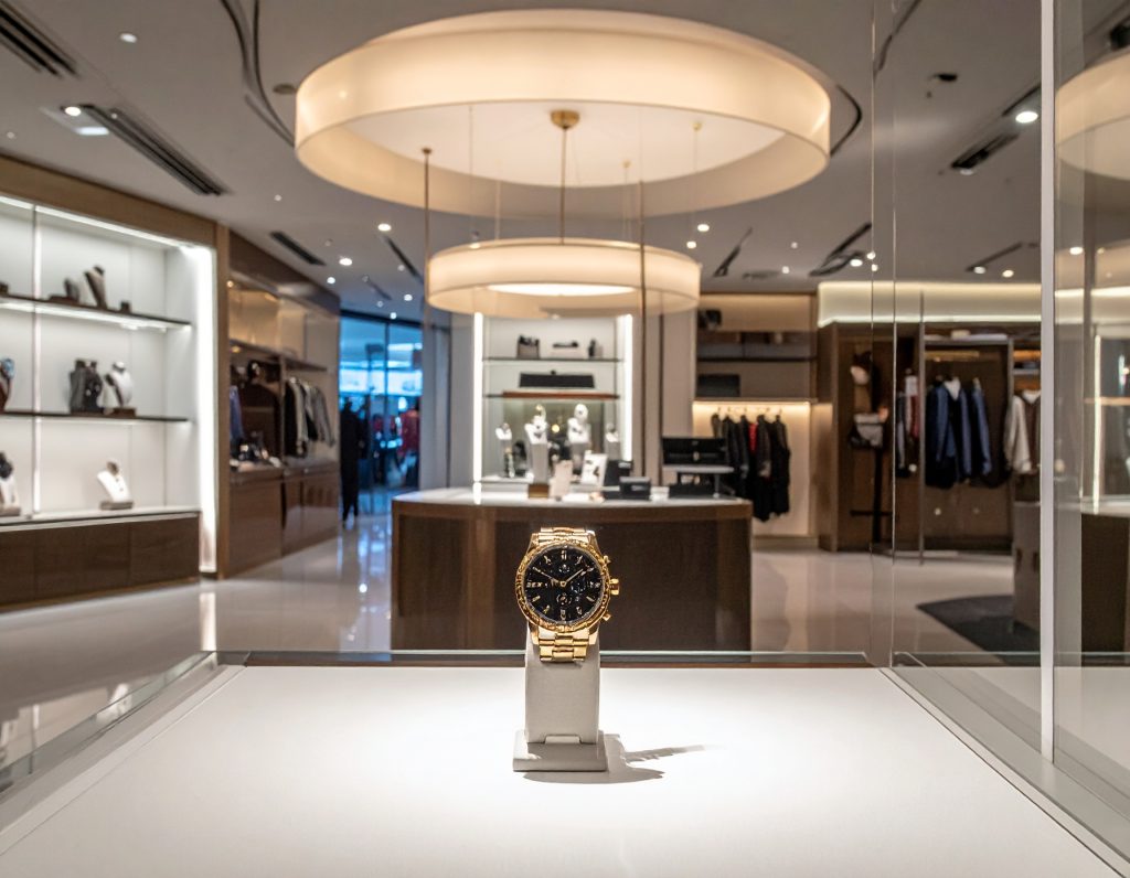 Bvlgari luxury watches displayed in a duty-free airport boutique.