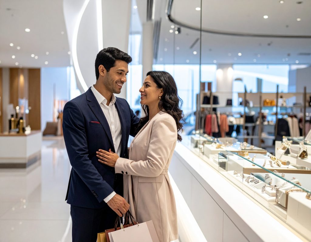 Couple browsing luxury jewelry inside Bvlgari airport boutique.