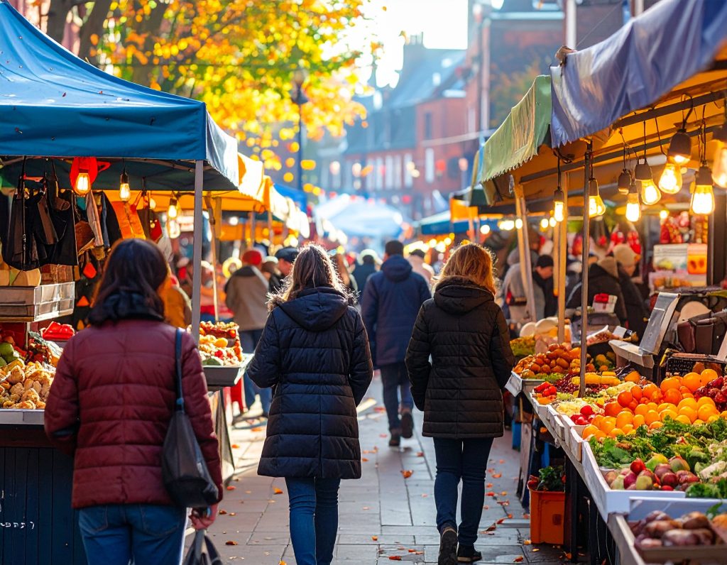 Camden Market stalls with colourful goods and food, lively atmosphere.