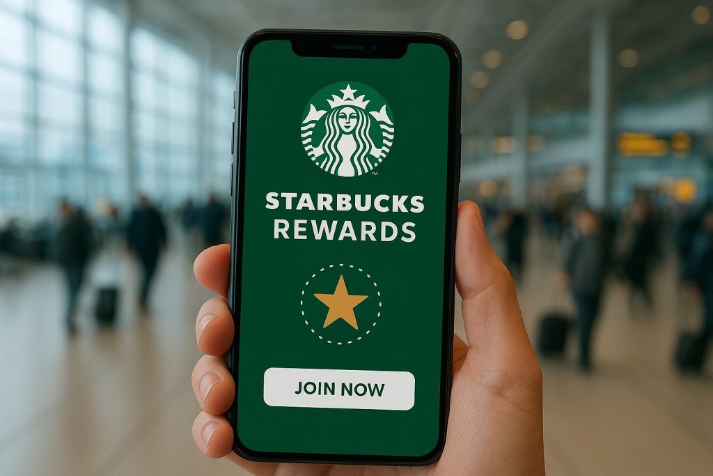 Using Starbucks Rewards app to order coffee at the airport.