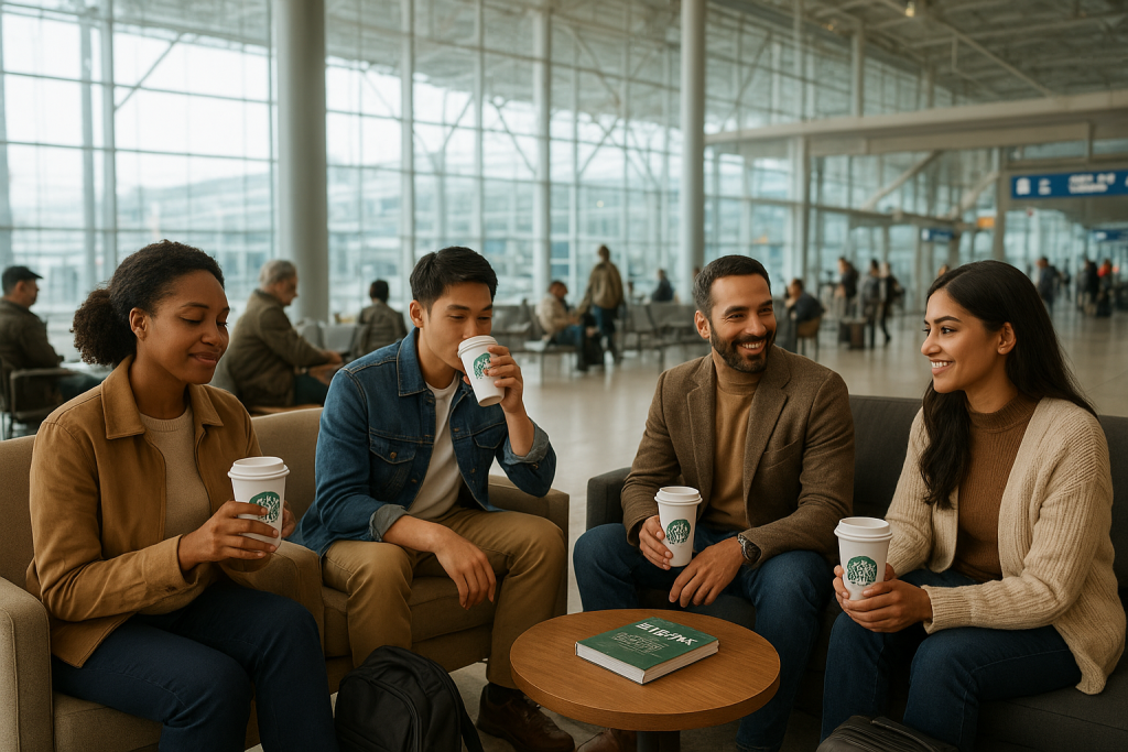 Traveler holding Starbucks coffee cup in an international airport