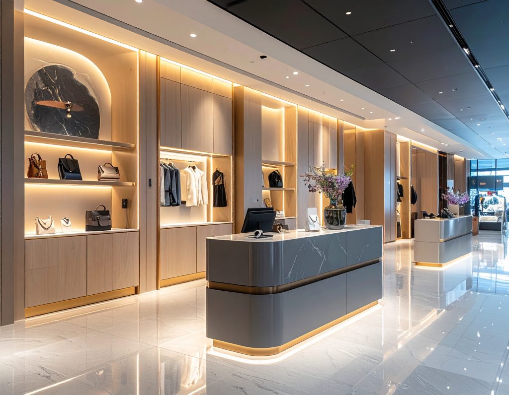 Bvlgari store among luxury brands at international airport.