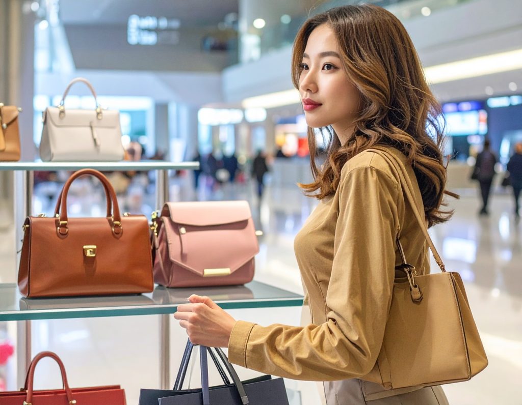 Traveller shopping at Louis Vuitton duty-free boutique in airport.
