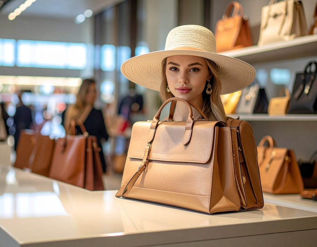 Traveller shopping at Louis Vuitton duty-free boutique in airport.