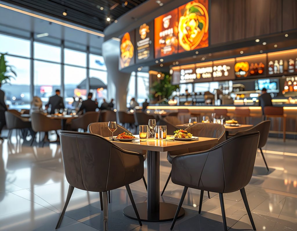 Hard Rock Café dining area inside an airport.
