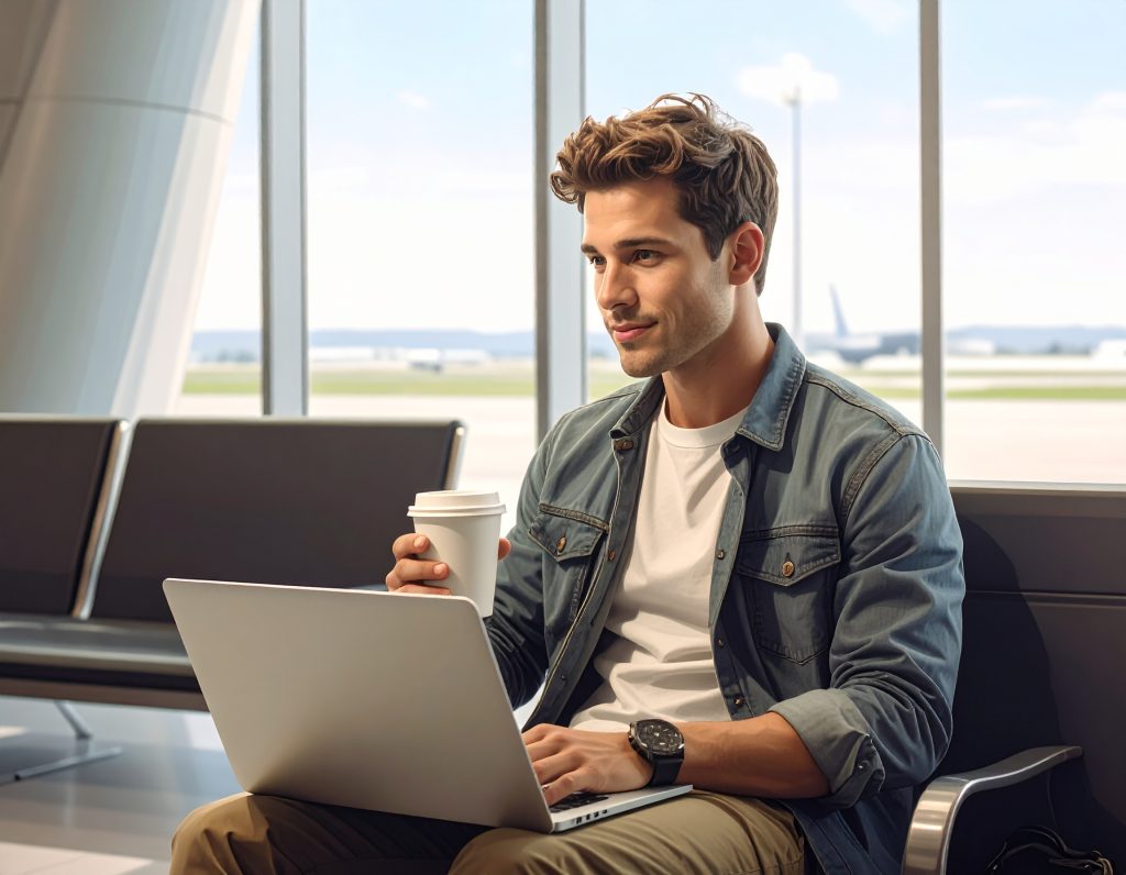 Busy yet comfortable airport lounge interior with travellers working and relaxing.