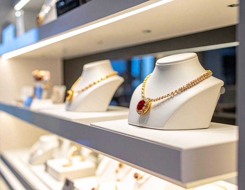 Bvlgari diamond and gold jewelry on display at airport duty-free.