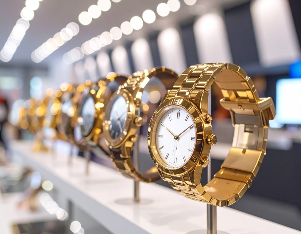 Golden Rolex watches in boutique in airport shopping area.